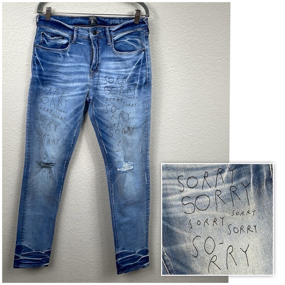 New PRPS Windsor Tapered Skinny Fit Jeans Sorry Graffiti Writing Sz 36